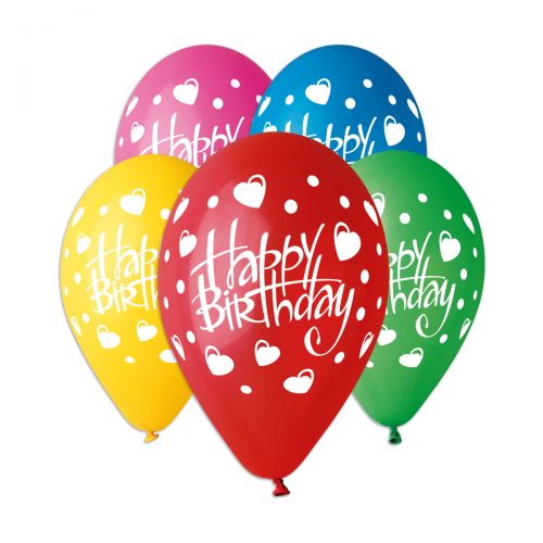 Кулька латексна GS 110/12 "пастель ас.  З малий. " HAPPY BIRTHDAY "СЕРЦЯ шовкографія (Італія) (100шт / уп) фото