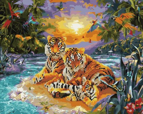 Картина за номерами + Алмазна мозаїка "Сім'я тигрів" ★★★★ фото