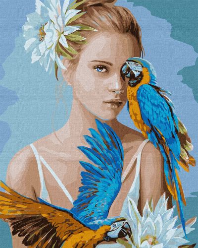 Картина по номерам "Девушка с голубыми попугаями"★★★★ фото