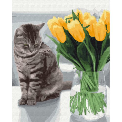 Картина по номерам "Котик с тюльпанами" ★★★ фото