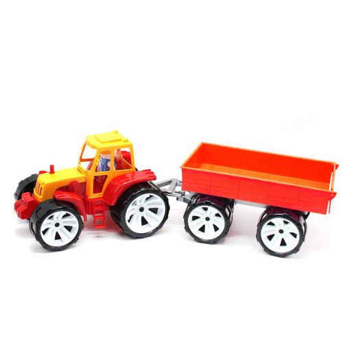Трактор с прицепом, оранжево-красный фото