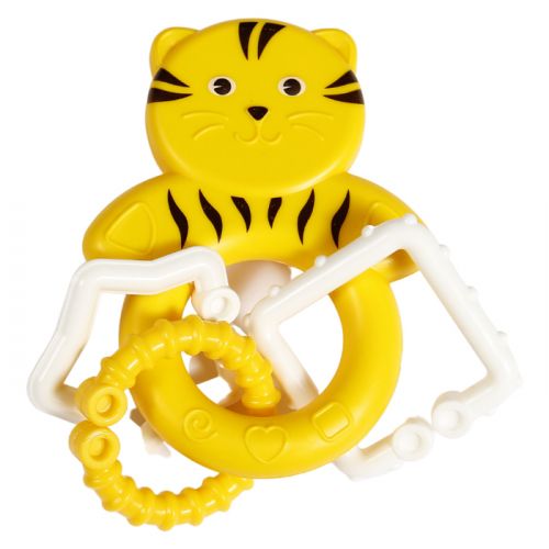 Игрушка-погремушка желтый котик с кольцами фото