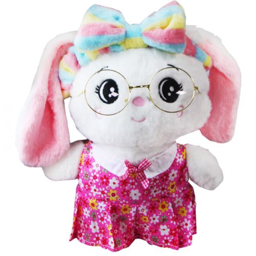 Мягкая игрушка заяц белый в розовом платье с очками фото