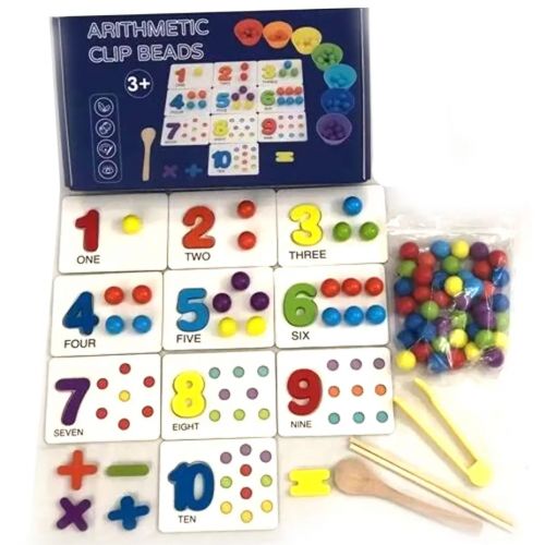 Дерев`яна гра C 55639 "Arithmetic Clip Beads", 7 формочек, столові прилади, деревʼяні елементи, картки, у коробці фото