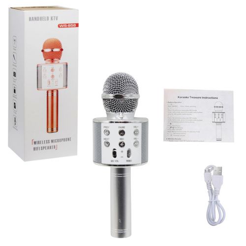 Бездротовий мікрофон караоке, bluetooth, USB, колонка Срібний фото