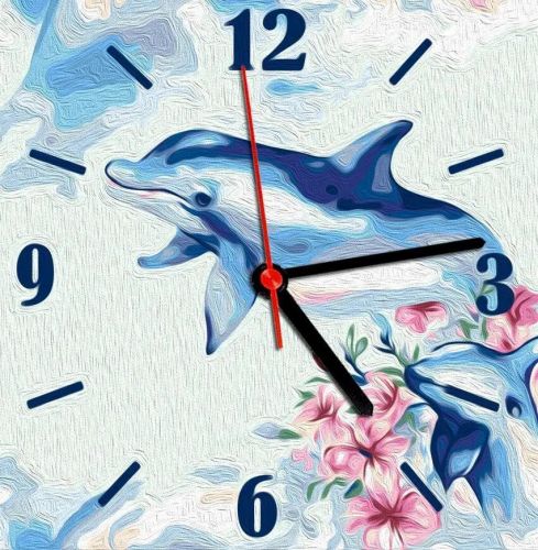 Годинник-картина за номерами "Дельфіни", 30х30 см фото