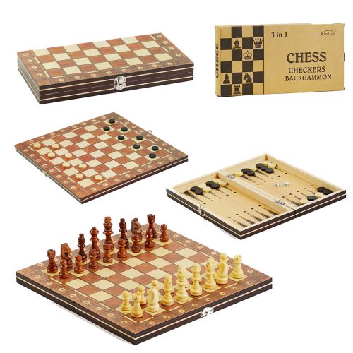 Шахи С 45103 (60) 3в1, магнітні, деревʼяна дошка, деревʼяні шахи, в коробці фото