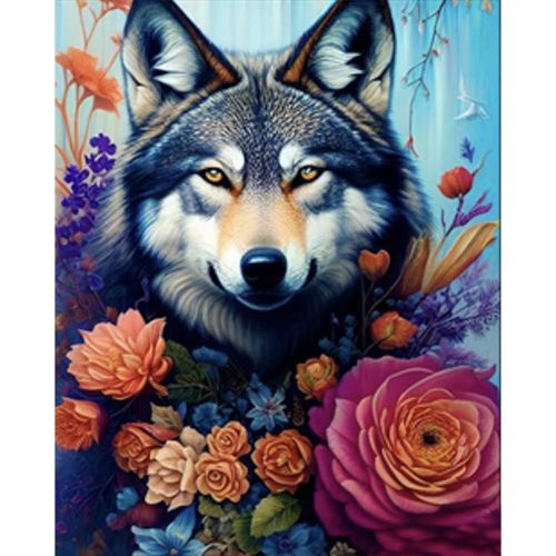Алмазна мозаїка "Вовк серед квітів" 40х50 см фото