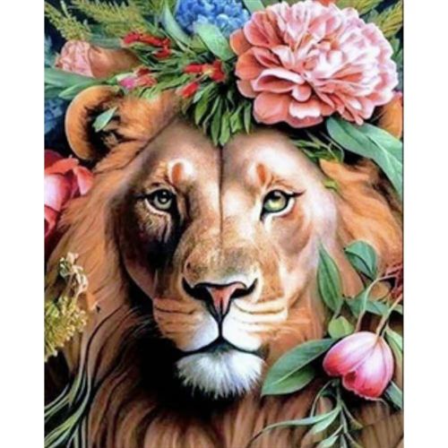 Алмазна мозаїка "Лев у квітковій короні" 40х50 см фото