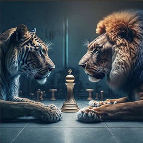 Алмазная мозаика "Тигр со львом" 30х30 см фото