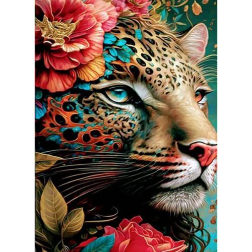 Алмазная мозаика, без подрамника "Леопард в ярких цветах" 40х50 см фото