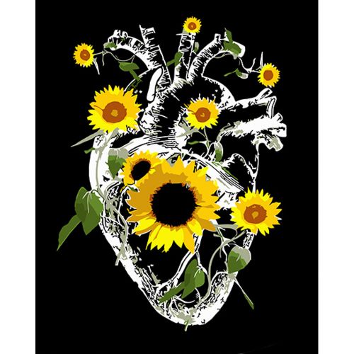 Картина по номерам на черном фоне "Сердце среди подсолнухов" 40х50 фото