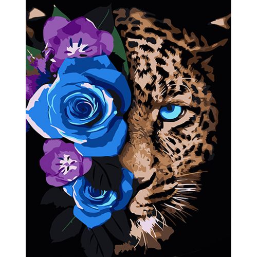 Картина за номерами на чорному фоні "Леопард у квітах" 40х50 фото