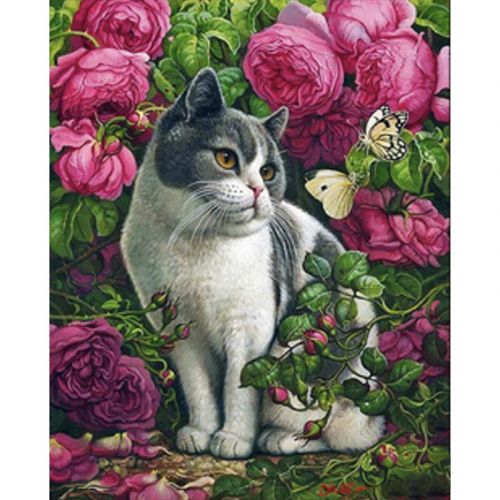 Алмазна мозаїка "Троянди і кіт" 40х50 см фото