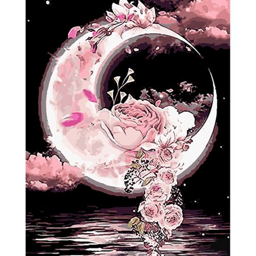 Картина по номерам на черном фоне "Луна в цветах" 40х50 фото