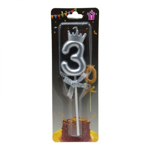 Свеча для торта "Цифра 3 с короной", серебристая фото