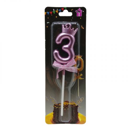 Свеча для торта "Цифра 3 с короной", розовая фото