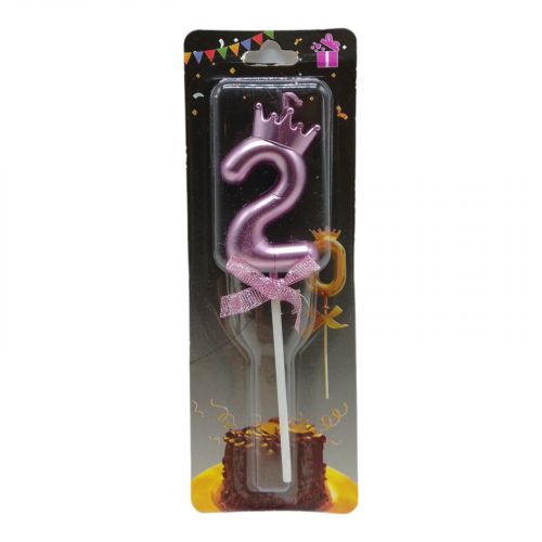 Свеча для торта "Цифра 2 с короной", розовая фото