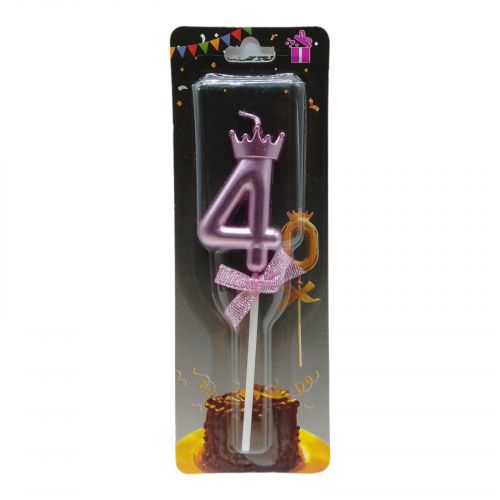 Свеча для торта "Цифра 4 с короной", розовая фото