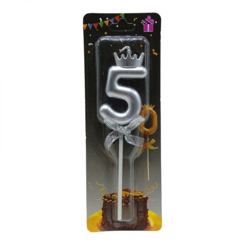 Свічка для торта "Цифра 5 з короною", срібляста фото