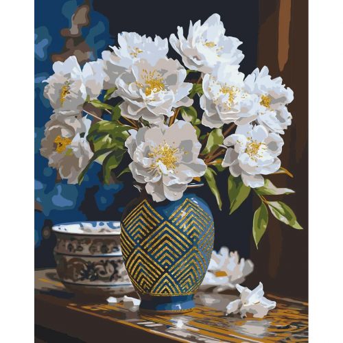 Картина по номерах з фарбами металік "Білі квіти у вазі" 50x60 см фото