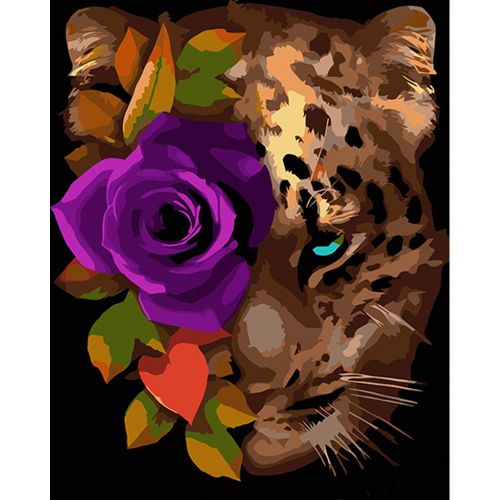 Картина за номерами на чорному фоні "Леопард з трояндою" 40х50 фото