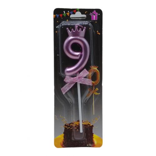 Свічка для торта "Цифра 9 з короною", рожева фото