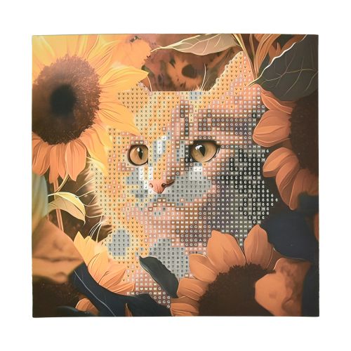 Алмазна мозаїка "Кіт у соняшниках", на паперовій основі, 18х18 см фото