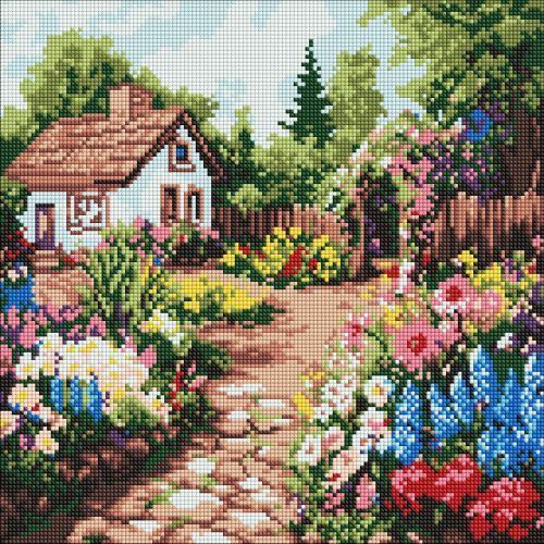 Алмазна мозаїка "Квіткові клумби біля будинку" 40х40 см мініатюра фото 1 Алмазна мозаїка "Квіткові клумби біля будинку" 40х40 см мініатюра фото 1
