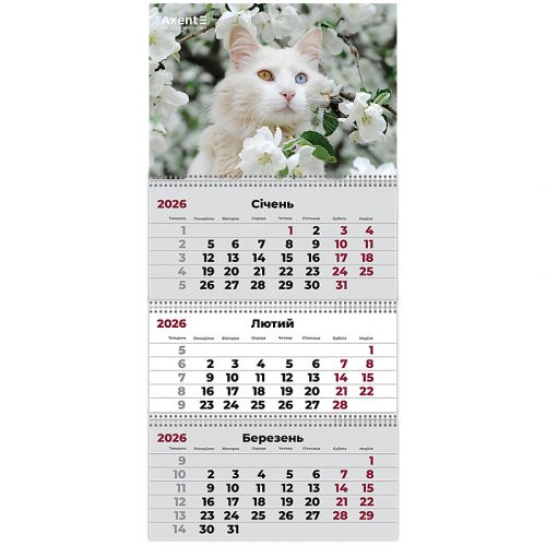 Календар настінний квартальний 2026 р. ,3 пр.  Cats 3  мініатюра фото 1