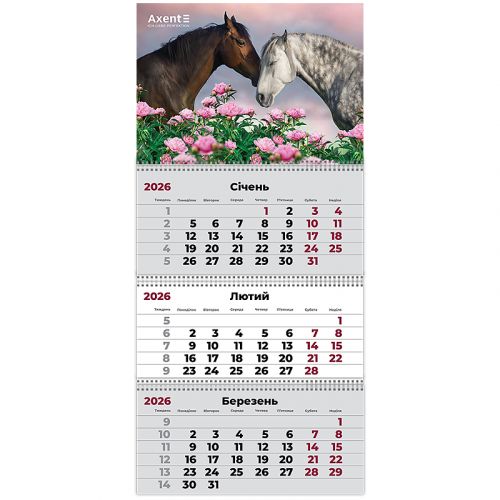 Календар настінний квартальний 2026 р. ,3 пр.  Horses 2  мініатюра фото 1
