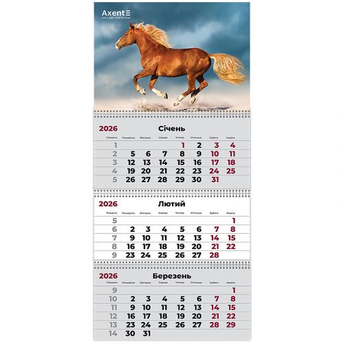 Календар настінний квартальний 2026 р. ,3 пр.  Horses 3  мініатюра фото 1