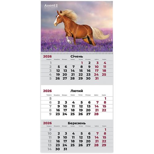 Календар настінний квартальний 2026 р. ,1 пр.  Horses 2  мініатюра фото 1