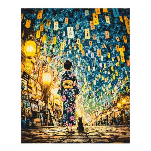 Картина за номерами Японська ніч.  Дівчина з котом 40*50 см  мініатюра фото 1