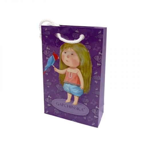 Пакет паперовий 8*12*3. 5 ДІВЧИНКА З ПАПУГОЮ-ФІОЛЕТОВИЙ  мініатюра фото 1