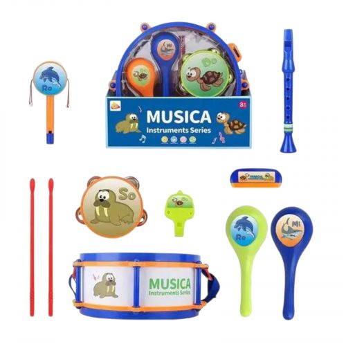 Набор музыкальных инструментов барабан: 28х28х12 см, барабанные палочки, маракасы, бубен, кастаньеты, ремешок, в коробке  мініатюра фото 1