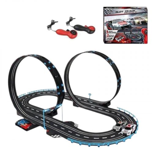 Трек на радіокеруванні траса 61х100 см, підсвічування, 2 машинки, мертва петля, 2 пульти керування, підключення до траси за допомогою проводу, від батарейок та від мережі, в коробці  мініатюра фото 1