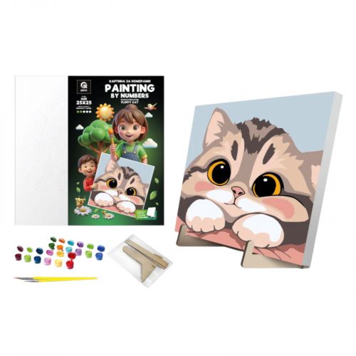 Набір для розпису по номерах 25х25 см "Пухнастий котик" з деревʼяною підставкою  мініатюра фото 1