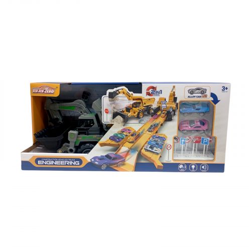 Трек 2 металопластикові машинки, спецтехніка, рухливий ківш, звуки, мелодія, підсвічування, в коробці  мініатюра фото 1