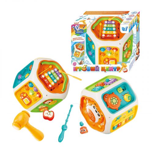 Ігровий центр, ОЗВУЧУВАННЯ УКРАЇНСЬКОЮ МОВОЮ, підсвічування, пісні, казки, скоромовки, цифри, музичні інструменти: барабан, клавіші, ксилофон, гра на реакцію, магнітна риболовля, пальчикові ігри, сортер, шестерні, в коробці  мініатюра фото 1