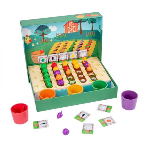 Логічна гра дерев’яна основа, 5 чаш для сортування, 25 гумових овочів, 10 двосторонніх карток із завданнями  мініатюра фото 1