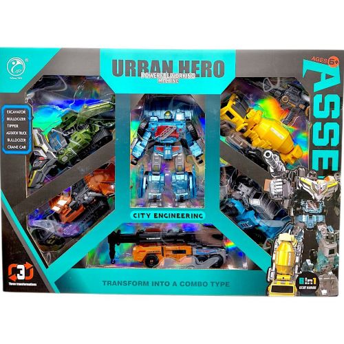 Набір трансформерів (6в1), робот висотою 48 см, бластер, екскаватор, 2 бульдозери, самоскид, кран, бетонозмішувач  мініатюра фото 1