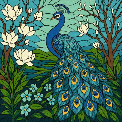 Картина за номерами - "Вітраж.  Павич в магнолії" ©art_selena_ua, 30х30см  мініатюра фото 1