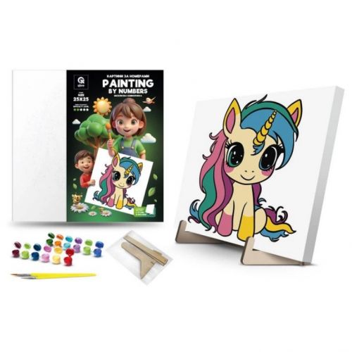 Картина по номерам с красками металлик "Радужная Единорожка" (25х25 см) с деревянной подставкой  мініатюра фото 1