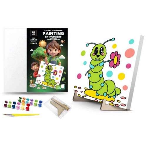 Картина по номерам "Зеленая Гусеница" (25х25 см) с деревянной подставкой  мініатюра фото 1