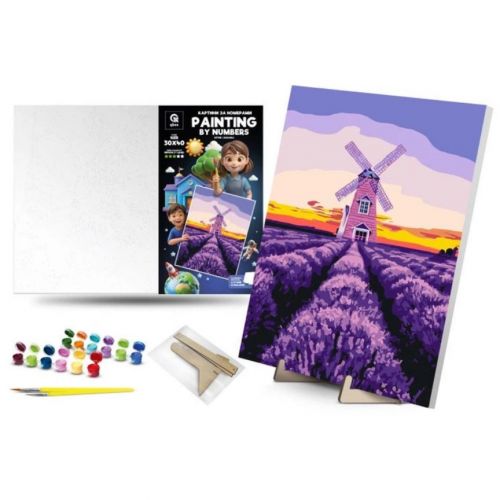 Картина по номерам "Ветряная мельница и лаванда" (30х40 см) с деревянной подставкой  мініатюра фото 1