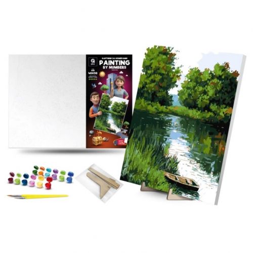 Картина по номерах 40х50 см "Човен на річці"" з деревʼяною підставкою  мініатюра фото 1