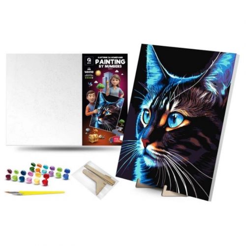 Картина по номерах з фарбами металік 40х50 см "Космо-кіт" з деревʼяною підставкою  мініатюра фото 1