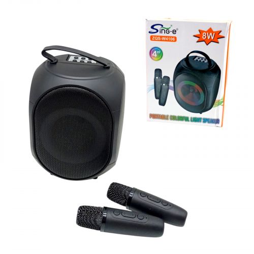 Караоке 2 мікрофони, підсвічування, вбудований акумулятор, Bluetooth, слот для TF-Card, роз’єм type-С, USB-роз’єм, AUX-роз’єм, зміна голосу, регулювання гучності, в коробці  мініатюра фото 1