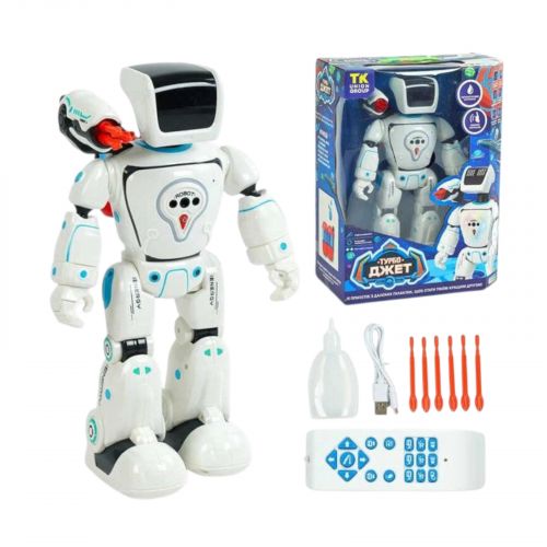 Робот на радіокеруванні, ОЗВУЧУВАННЯ УКРАЇНСЬКОЮ МОВОЮ, лед-підсвіч. , сенсорні датчики, рух, стріляє стрілами, в коробці  мініатюра фото 1